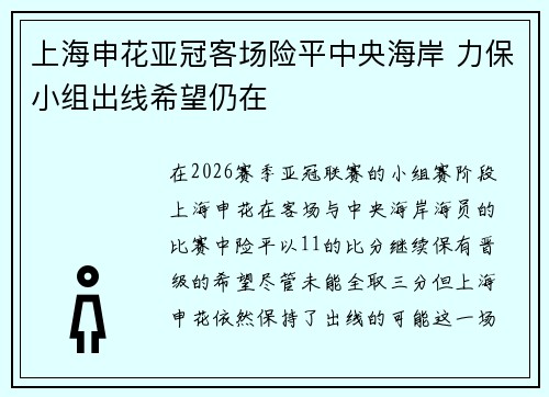 上海申花亚冠客场险平中央海岸 力保小组出线希望仍在 上海申花亚冠客场险平中央海岸 力保小组出线希望仍在